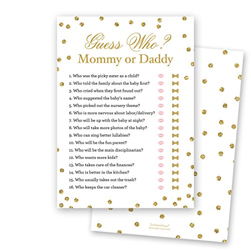 Product Cover Mommy or Daddy Baby Shower Guess Game - 24 count - (Faux Gold Glitter on White)