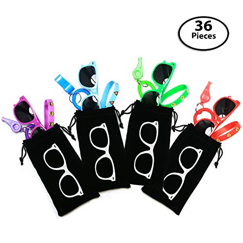 Product Cover 36-pcs Party Gift Favors for Kids - 12 Goody Bags: Each Bag includes 12 Whistles + 12x Sunglasses + 12x Emoji Bracelets - Great Prizes for Birthday, Loot Bags, Classrooms, Grab Bags, Doctor Office