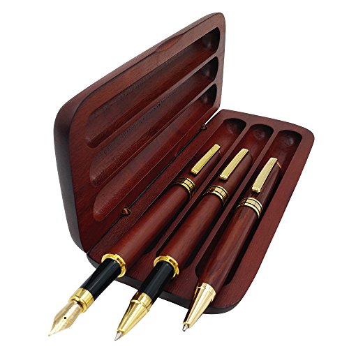 Product Cover 3 Pcs Wooden Pens Set with Pen Gift Case/Best Writing Fountain Pen, Fancy Ballpoint Pen and Luxury Gel Pen with Ink Refills, Promotional Business Designer Pens