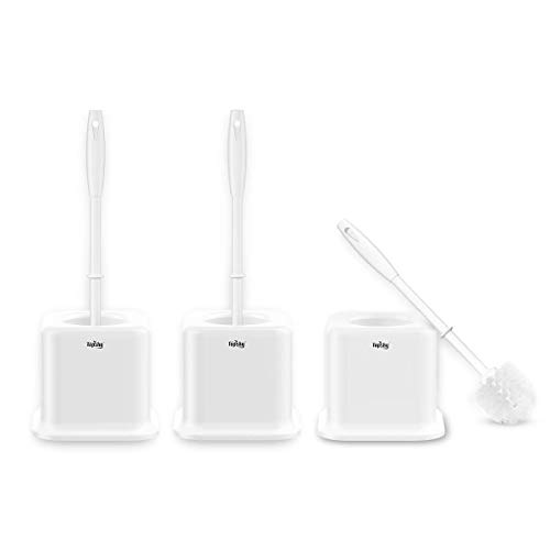 Product Cover TOPSKY 3 Pack Toilet Brushes with Holder, Compact Toilet Bowl Brush with Long Handle, White (Cube Bowl)
