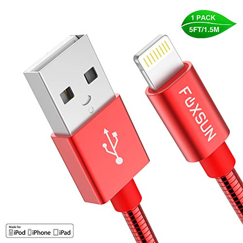 Product Cover [Apple MFi Certified] Metal USB Lightning Cable, Foxsun iphone Charging Cable 5Ft/1.5M Metal Braided Lightning Cable Cords for iphone X/8/7/7Plus/6/6Plus/6S/6S Plus/5/5S/5C/SE, iPad Pro/Air/Mini (Red)