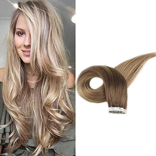 Product Cover Full Shine 14 inch Real Human Hair Tape Balayage Extensions Color #10 Light Brown Fading to #14 Blonde Balayage Human Hair Extensions 20 Pcs 50gram
