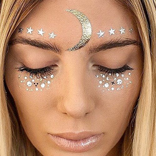 Product Cover LINGPAR Face Tattoo Sticker Metallic Shiny Temporary Water Transfer Tattoo for Professional Make Up Dancer Costume Parties, Shows Gold Glitter