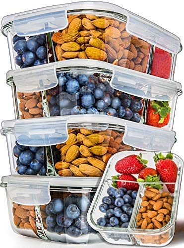 Product Cover [5-Pack] Glass Meal Prep Containers 3 Compartment - Bento Box Containers Glass Food Storage Containers with Lids - Food Prep Containers Glass Storage Containers with lids Lunch Containers