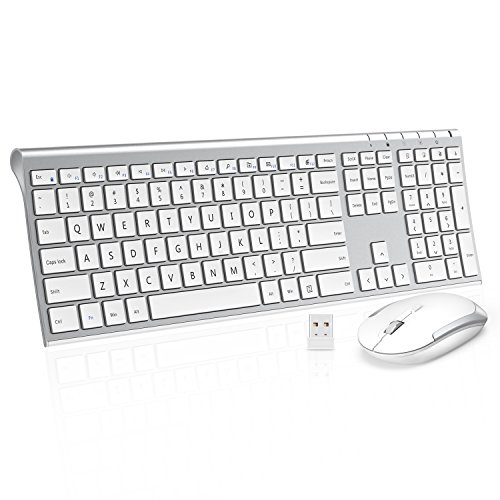 Product Cover Wireless Keyboard Mouse, Jelly Comb 2.4GHz Ultra Slim Full Size Rechargeable Wireless Keyboard and Mouse Combo for Windows, Laptop, Notebook, PC, Desktop, Computer (White and Silver)