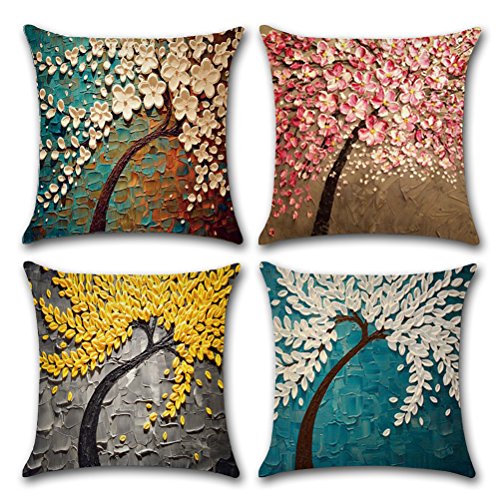 Product Cover ULOVE LOVE YOURSELF Cotton Linen Throw Pillow Case Oil Painting Square Home Decorative Cushion Cover for 18 X 18 Inches Pillow Inserts, 4Pack Multicolor Trees