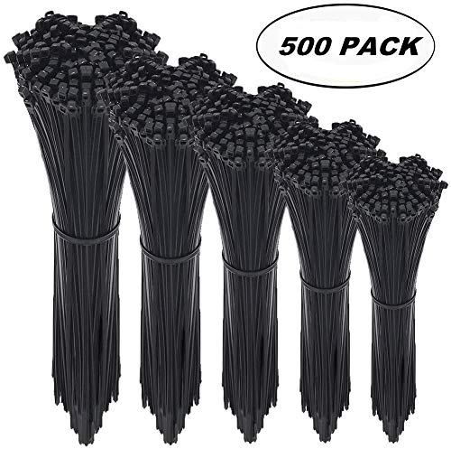 Product Cover Cable Zip Ties,500 Packs Self-Locking 4+6+8+10+12-Inch Width 0.16inch Nylon Cable Ties,Perfect for Home,Office,Garage and Workshop (Black)