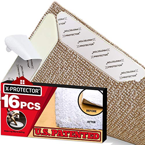 Product Cover Rug Grippers X-PROTECTOR - Best 16 pcs Anti Curling Rug Gripper. Keeps Your Rug in Place & Makes Corners Flat. Premium Carpet Gripper with Renewable Carpet Tape - Ideal Non Slip Rug Pad for Your Rug!