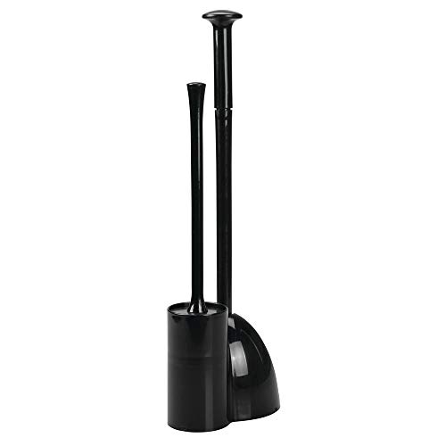 Product Cover mDesign Modern Slim Compact Freestanding Plastic Toilet Bowl Brush Cleaner and Plunger Combo Set Kit with Holder Caddy for Bathroom Storage and Organization - Covered Lid Brush - Black