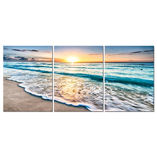 Product Cover Pyradecor 3 Panels Blue Beach Sunrise White Wave Pictures Painting on Canvas Wall Art Modern Stretched and Framed Seascape Giclee Canvas Prints Seaview Landscape Artwork for Home Office Decorations