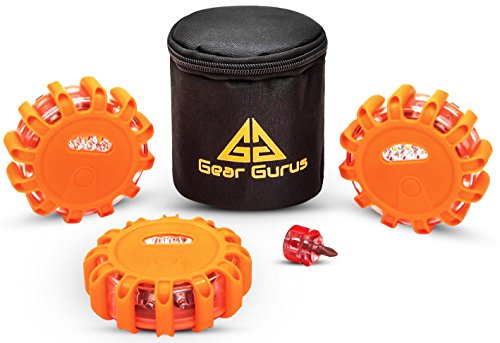 Product Cover Gear Gurus LED Road Flares Kit (Pack of 3) - Flashing Warning Light Emergency Disc Beacon Roadside Flare Safety Light Magnetic Base for Car Truck Boat - Batteries Screwdriver Storage Bag Included