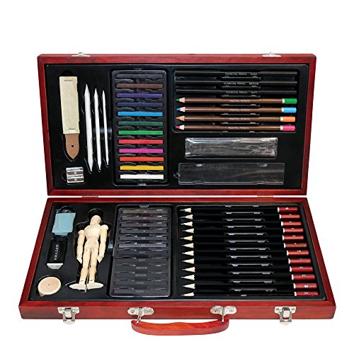 Product Cover Professional Art Kit Drawing and Sketching Set 58-Piece Colored Pencils, Art Kit for Kids, Teens and Adults/Gift by LUCKY CROWN Wooden Box Set