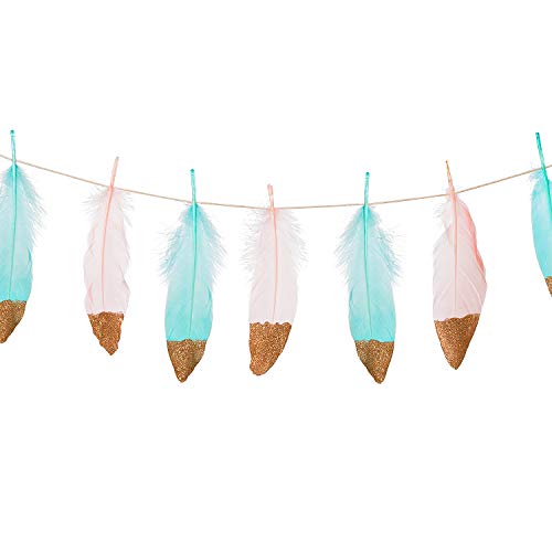 Product Cover Ling's moment 10FT Feather Garland Rose Gold Glitter Dipped Light Pink and Blue Feather Banner for Boho Wedding/Party/Baby Shower/Nursery Decor, Teepee Decorations