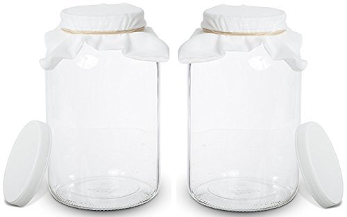 Product Cover 2 Pack - 1 Gallon Glass Wide Mouth Kombucha Brewing Mason Jar - Home Brewing and Fermenting Kit with Cotton Cloth Filter, Rubber Band and Plastic Lid - By Kitchentoolz