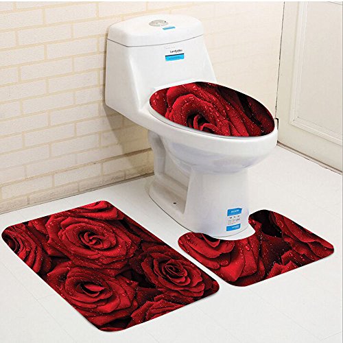 Product Cover Keshia Dwete three-piece toilet seat pad customRed and Black Romantic Eternal Symbol of Love Red Roses with Rain Drops on Petals Photo Print Ruby