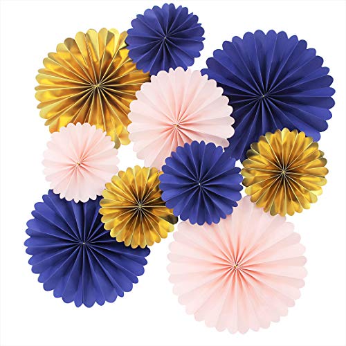 Product Cover Mybbshower Paper Rosettes Navy Pink Gold for Wedding Fan Photo Backdrop Bridal Shower Birthday Party Decorations Pack of 10