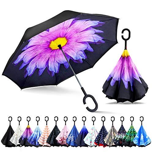 Product Cover ZOMAKE Double Layer Inverted Umbrella Cars Reverse Umbrella, Uv Protection Windproof Large Straight for Car Rain Outdoor With C-Shaped Handle - Purple Flower