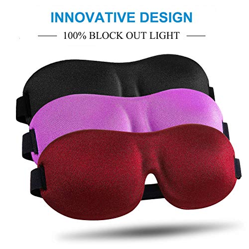 Product Cover Sleep Mask 3 Pack, Upgraded 3D Contoured 100% Blackout Eye Mask for Sleeping with Adjustable Strap, Comfortable & Soft Night Blindfold for Women Men, Eye Shades for Travel/Naps, Black/Purple/Red