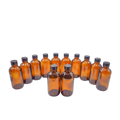 Product Cover U-Pack 4 oz Amber Glass Boston Round Bottles with Black Ribbed Cap - 12 Pack