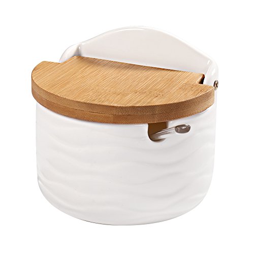 Product Cover Sugar Bowl, 77L Ceramic Sugar Bowl with Sugar Spoon and Bamboo Lid for Home and Kitchen - Modern Design, White, 8.58 FL OZ (254 ML)