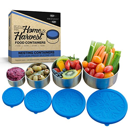 Product Cover Stainless Steel Food Storage Containers by Home & Harvest | Set of 4 with Leak-Proof Silicone Lids