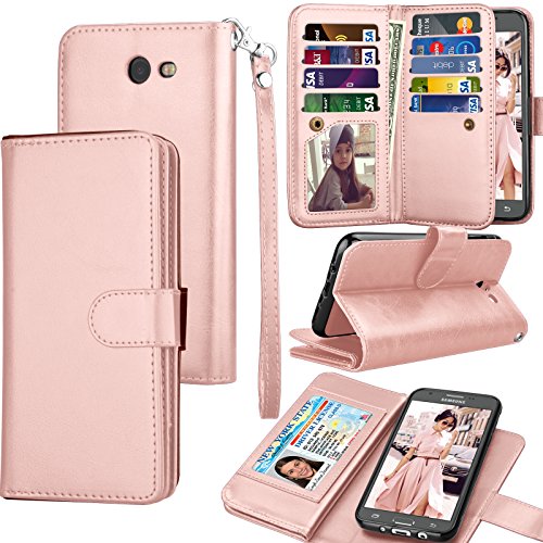 Product Cover Tekcoo Compatible for Galaxy J7 Sky Pro / J7 V / J7 Prime / J7 Perx/Samsung Halo / J7 2017 PU Leather Wallet Case, Credit Card Slots Carrying Flip Cover [Detachable Magnetic Case] Kickstand Rgold