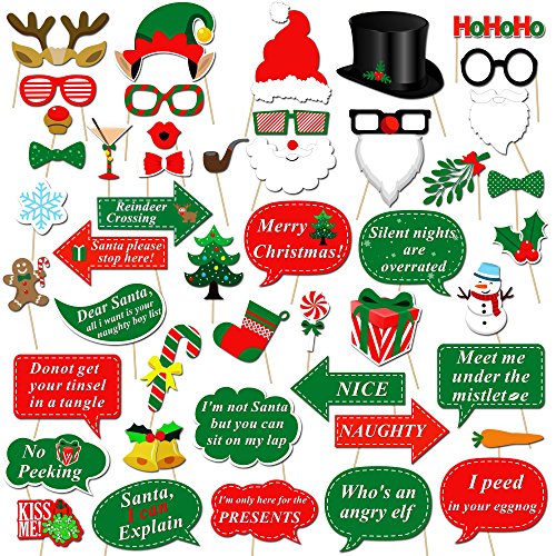 Product Cover Christmas Photo Booth Props Kit(47Pcs), Konsait DIY Christmas Photo Booth with stick Funny Xmas Selfie Props Accessories for Adults Kids for Christmas Theme Party Favors Decorations Decor Supplies