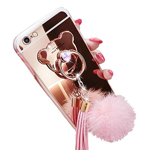 Product Cover iPhone 6 6s Case, Luxury Fur Ball Soft Rubber Bumper Bling Diamond Glitter Mirror Makeup Case with Bear Ring Stand Holder for Girls (Pink, iPhone 6 / 6s)