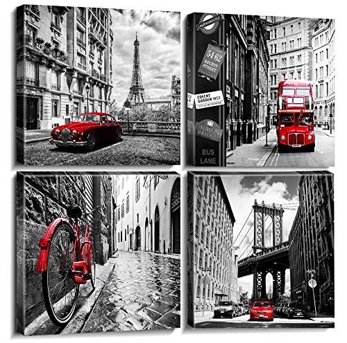 Product Cover Black and White Wall Art Decor Modern Red City Landscape Canvas Prints Poster Home Bathroom Decoration Framed Pictures Paris Buildings Photo Office Artwork Painting Decorative12×12 Inch x 4 Panels