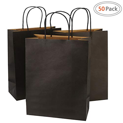 Product Cover Road 10x5x13 Inches 50pcs Black Kraft Paper Bags with Handle, Gift , Shopping Bag, Merchandise , Party Bag