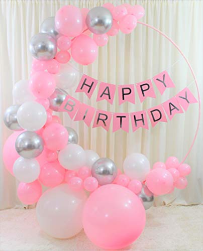 Product Cover Birthday Decorations for Women and Girls, Happy Birthday banner, 88pc Birthday balloon arch, Pink ,Silver and White balloon garland ,winter wonderland party decorations,first birthday decorations girl