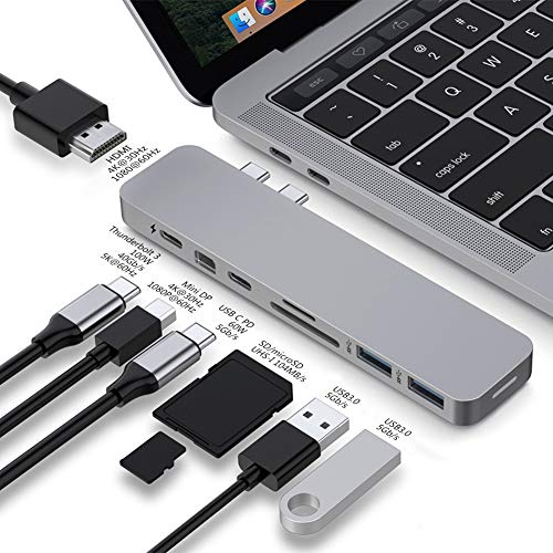 Product Cover HyperDrive Mac USB C Hub Adapter, Sanho USB Type C Multi-port Hub MacBook Pro 2019 2018-2016, MacBook Air 8-in-2 Dongle w Thunderbolt 3, USB-C 100W PD, 4K HDMI, MiniDP, microSD/SD Card Reader, 2xUSB A
