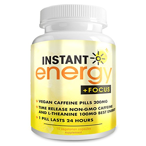 Product Cover Instant Energy and Focus Supplement - Vegan Caffeine Pills 200mg - Time Release Non-GMO Caffeine and L-Theanine 100mg Best Energy Pills - 1 Pill Lasts 24 Hours