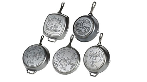 Product Cover Lodge Wildlife Series - Seasoned Cast Iron Cookware. Wildlife Scenes. 5 Piece Iconic Collector Set Includes 8 inch Skillet, 10.25 inch Skillet, 12 inch Skillet, 10.5 inch Grill Pan, 10.5 inch Griddle
