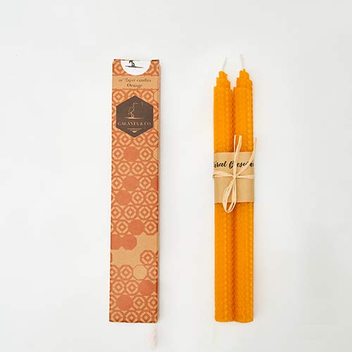 Product Cover 100% Pure Beeswax Handmade Taper Candles (Orange) - 10 Inch Smokeless Dripless Pair - Natural Subtle Honey Smell - Elegant Honeycomb Design - By Galanta & Co.