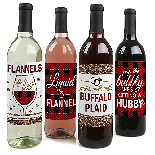 Product Cover Big Dot of Happiness Flannel Fling Before the Ring - Buffalo Plaid Bachelorette Party Decorations for Women and Men - Wine Bottle Label Stickers - Set of 4