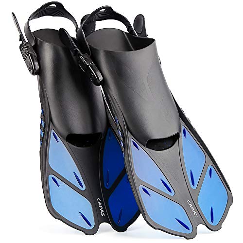 Product Cover CAPAS Snorkel Fins, Swim Fins Travel Size Short Adjustable for Snorkeling Diving Adult Men Womens Kids Scuba Open Heel Swimming Flippers (Blue, S/MD(Kids JR 9-13))