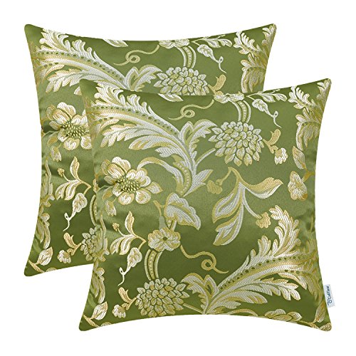 Product Cover CaliTime Pack of 2 Throw Pillow Covers Cases for Couch Sofa Home Decor Vintage Floral Leaves 18 X 18 Inches Olive Green
