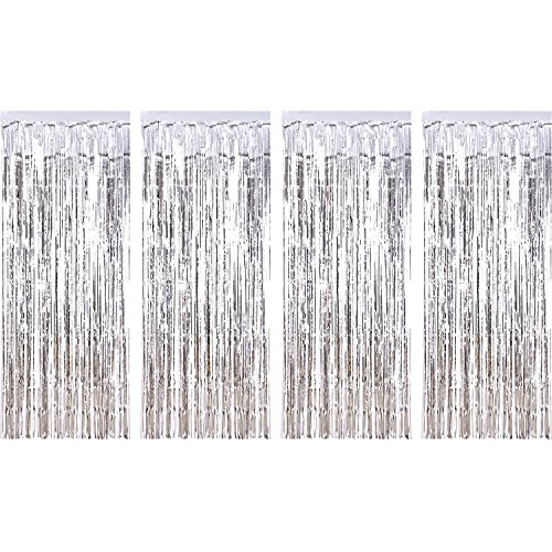 Product Cover Sumind 4 Pack Foil Curtains Metallic Fringe Curtains Shimmer Curtain for Birthday Wedding Party Christmas Decorations (Silver)