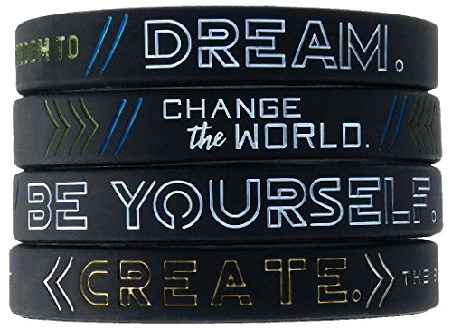 Product Cover Dream, Change The World, be Yourself, and Create - Set of 4 Inspirational Motivational Silicone Wristbands in Adult Unisex Size