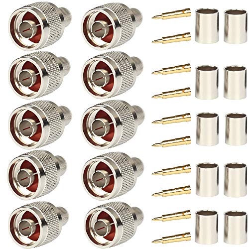 Product Cover Pack of 10 N Male Plug Crimp Rf Coaxial Connector 50 ohm for LMR400 Belden 9913 RG8 Nickel Machined Brass Construction