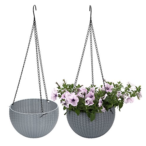 Product Cover T4U Plastic Hanging Planter Light Grey Pack of 2, Self Watering Basket Round Flower Plant Orchid Herb Holder Container for Home Office Garden Porch Balcony Wall Indoor Outdoor Decoration Gift