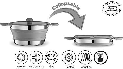Product Cover Gourmia GCP9935 1 Liter Collapsible Pot - Stainless Steel, Silicone and Glass Lid - for Gas and Electric Stove Cooking - Great for RV, Outdoors, Hiking, Camping, Traveling - BPA Free