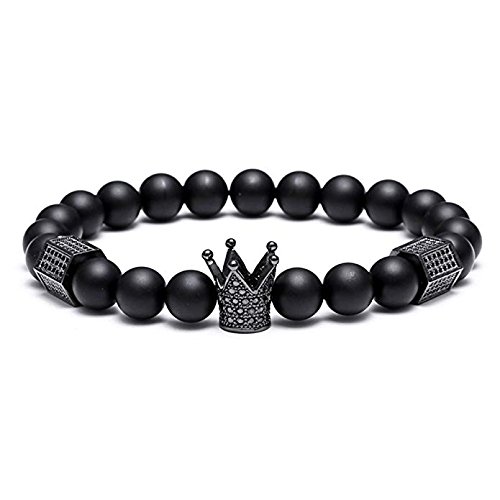 Product Cover SEVENSTONE 8mm Crown King Charm Bracelet for Men Women Black Matte Onyx Stone Beads