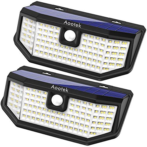 Product Cover Aootek 120 Led Solar outdoor motion sensor lights upgraded Solar Panel to 15.3 in2 and 3 modes(Security/ Permanent On all night/ Smart brightness control )with IP65 Waterproof with Wide Angle(2pack)