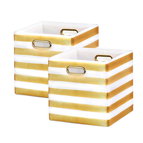 Product Cover BAIST Cube Storage Bins,Nice Foldable Square Gold Fabric Decorative Cubby Storage Cubes Bins Baskets for Nursery Bedroom First Day of School Shelf 2-Pack,White Stripe