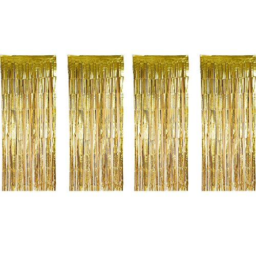 Product Cover Sumind 4 Pack Foil Curtains Metallic Fringe Curtains Shimmer Curtain for Birthday Wedding Party Christmas Decorations (Gold)