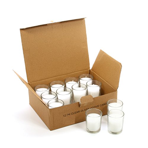 Product Cover Hosley Set of 48 Unscented White Clear Glass Wax Votive Filled Candles. Hand Poured Vegetable Soy Wax Blend, Up to 15 Hour Burn Time. Ideal Gift or Use, Aromatherapy, Party Favor O3