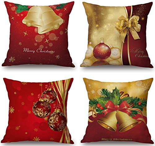 Product Cover BLUETTEK Merry Christmas Series Cotton Linen Decorative Throw Pillow Covers 18 Inch by 18 Inch (Xmas Bells & Bow)