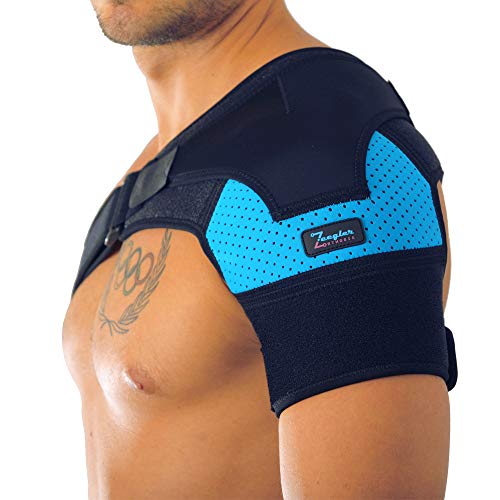 Product Cover Shoulder Support Brace for Men and Women by Zeegler Orthosis - Therapy for Shoulder Instability, Pain and for injuries as Torn Rotator Cuff, Dislocated AC Joint, Bursitis, Frozen Shoulder (Blue)